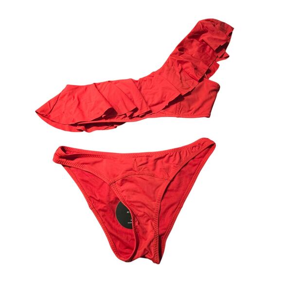 Envya Swimwear One Shoulder Ruffled‎ 2-Piece Bikini Red Swimsuit  Size S NWT - Picture 1 of 9